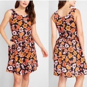 ModCloth Womens XL Floral Fit and Flare Dress Black Orange Cotton Sleeveless